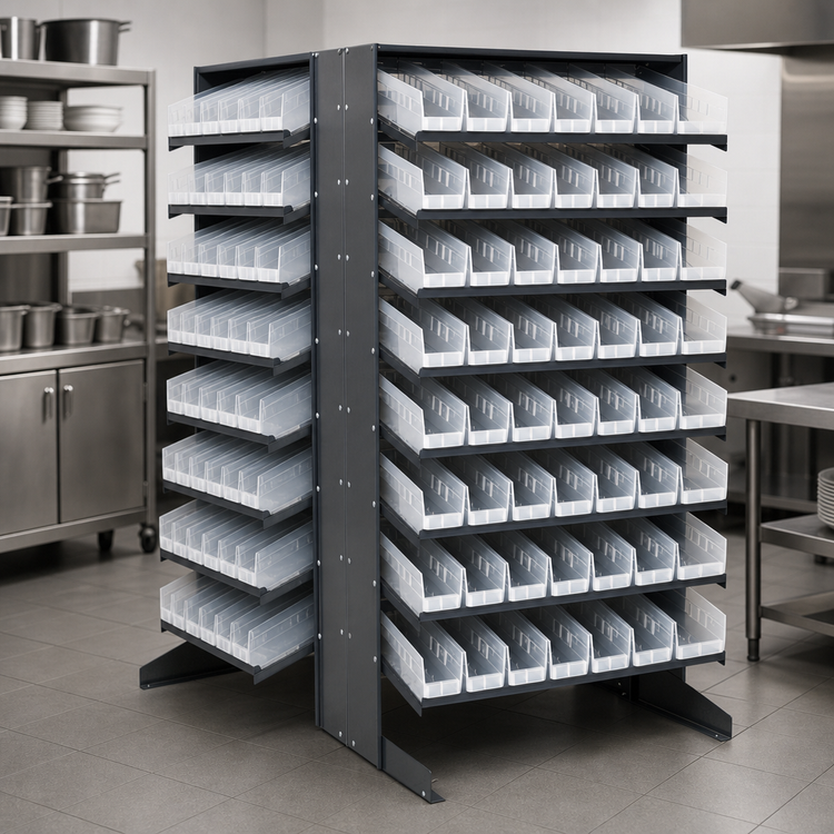 Product image #4 for Quantum Sloped Double-Sided Pick Rack, 36 x 36 x 60 Inches, 16-Shelf Configuration, with 128 Clear Bins