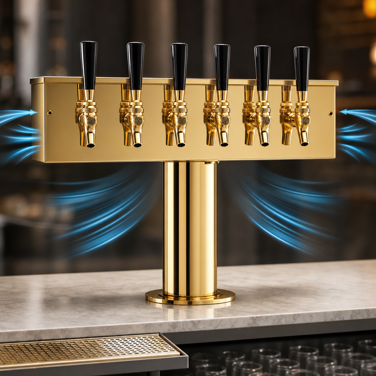 Product image #4 for Micro Matic T-Style Countertop Air-Cooled Draft Beer Tower with 6 Brass Faucets, PVD Brass Finish