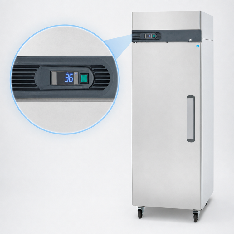 Product image #4 for Migali Competitor Series® 23 Cu. Ft. Single Section Reach-In Refrigerator, Top-Mount Self-Contained, Left-Hand Hinged Solid Locking Door, Stainless Steel