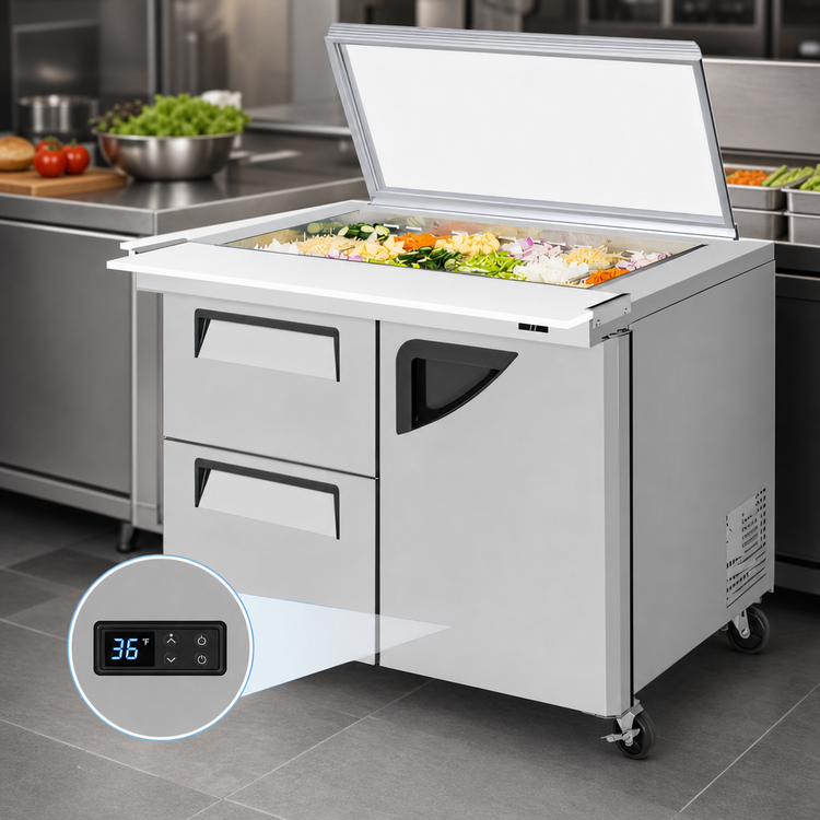 Product image #4 for Turbo Air Super Deluxe 48-1/4-Inch Two-Section Mega Top Sandwich/Salad Prep Table with Glass Lid, 1 Door and 2 Drawers