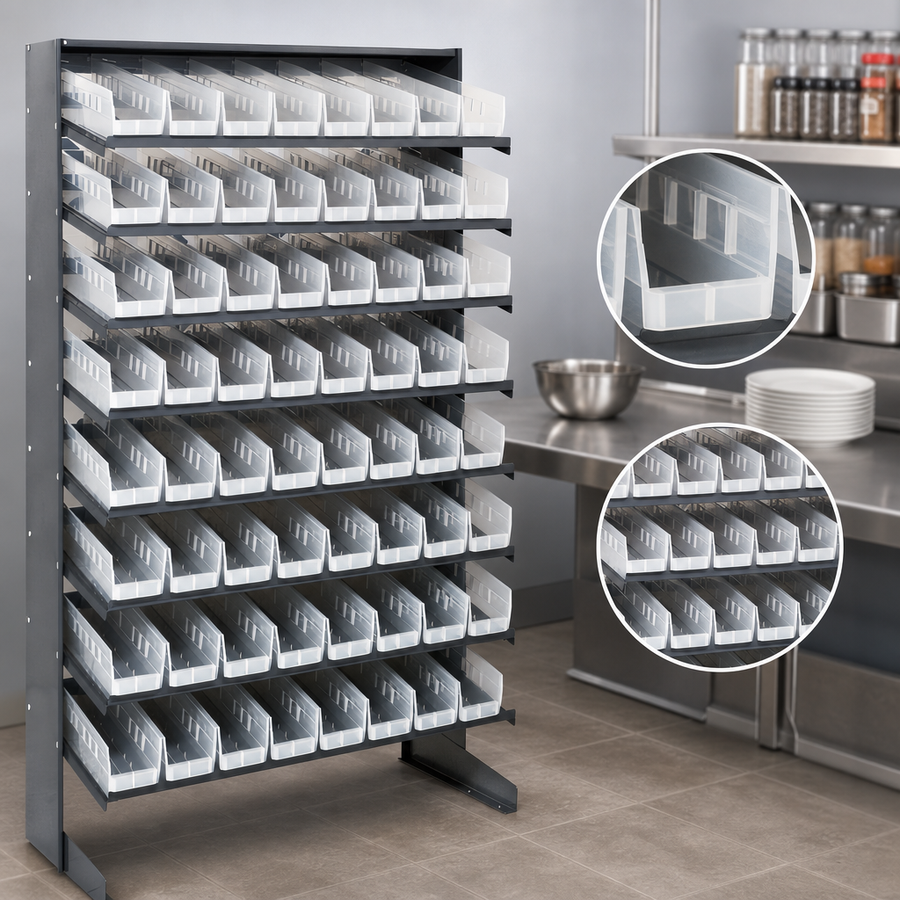 Includes Shelves and Clear Bins