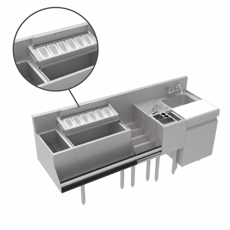 Product image #4 for Krowne Royal Series 74-Inch Stainless Steel Underbar Workstation with Elixir Well, Ice Bin, Liquor, Tool Caddy, and Dump Sink