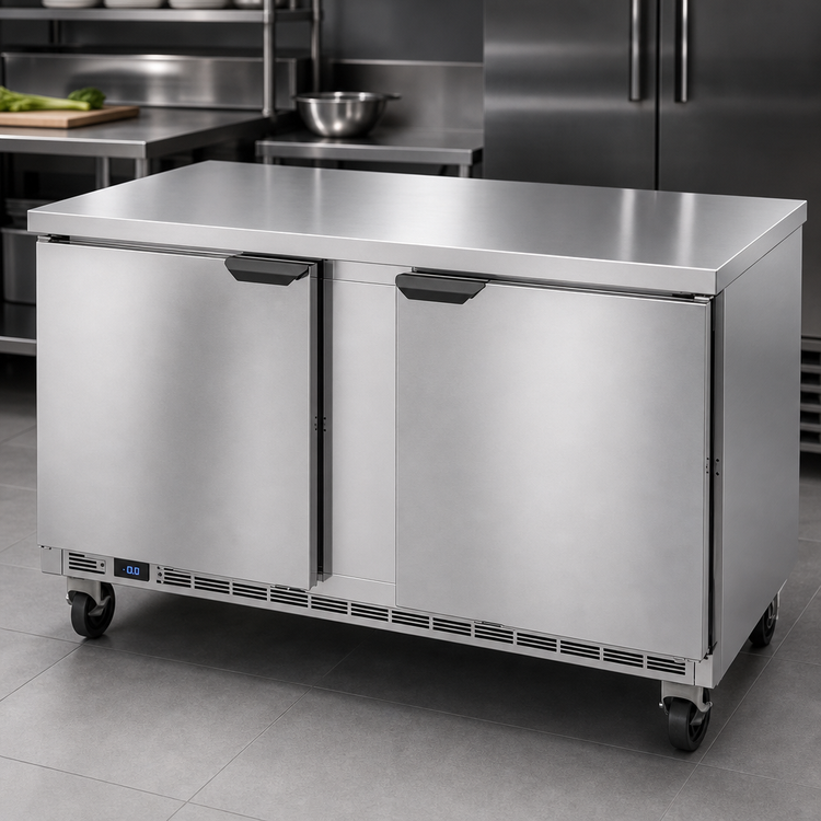 Product image #4 for Beverage Air 60-Inch Two-Section Worktop Freezer, 14.39 Cu. Ft., Flat Top, Solid Doors, Rear-Mounted Self-Contained R290 Refrigeration