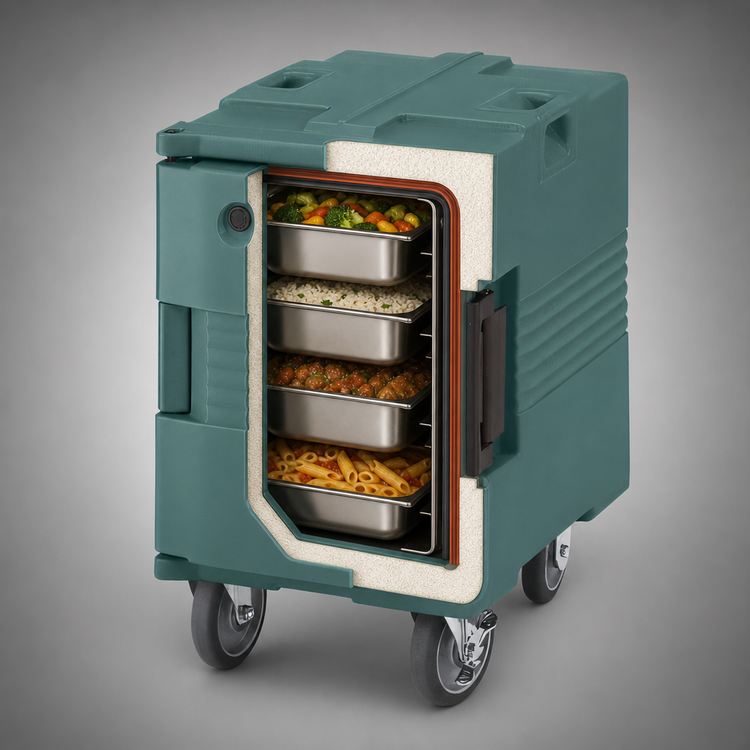 Product image #5 for Cambro Ultra Pan Carrier H-Series Heated Front-Loading Food Pan Carrier with Casters, 1 Compartment, Granite Green, 110V