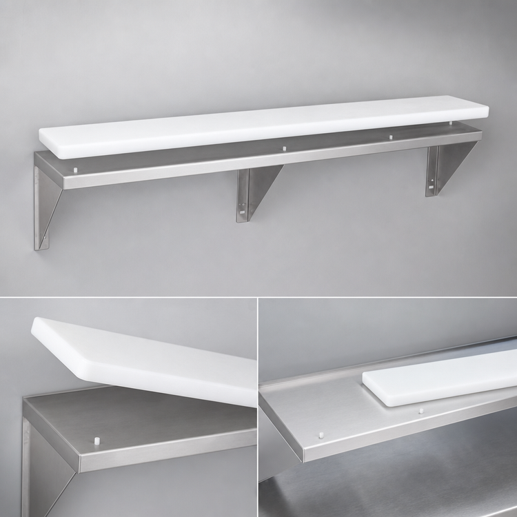 Product image #4 for Advance Tabco Triumph Supreme Stainless Steel Food Table Shelf with Removable 3/8-Inch White Poly Cutting Board, 93-1/16-Inch x 10-Inch