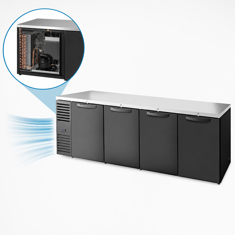 Product image #4 for True 108-Inch Four-Section Refrigerated Back Bar Cooler with Stainless Steel Top and Solid Doors