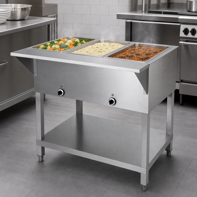 Product image #4 for 3-Pan Sealed Well Electric Steam Table with Open Shelf Base, 120V
