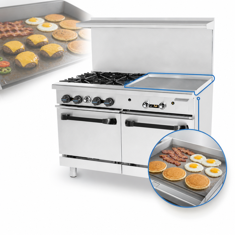 Product image #4 for Turbo Air Bake Tech Innovation 48-Inch Commercial Gas Range with 4 Open Burners, 24-Inch Right-Side Griddle and 2 Standard Ovens