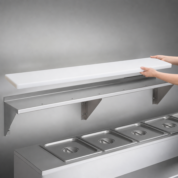 Product image #4 for 77-3/4-Inch Stainless Steel Carving Station Shelf with Removable White Poly Cutting Board for 5-Well Hot and Cold Food Units