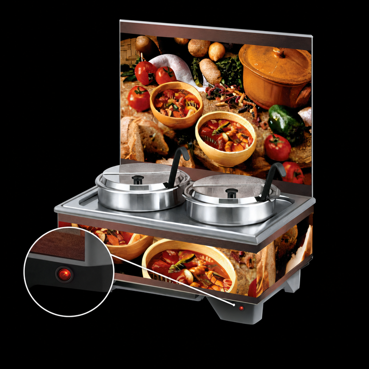 Product image #4 for Vollrath Cayenne Full-Size Rethermalizing Soup Merchandiser Base with Flush-Mount Menu Board, Country Kitchen Graphics, and 7 Qt Accessory Pack