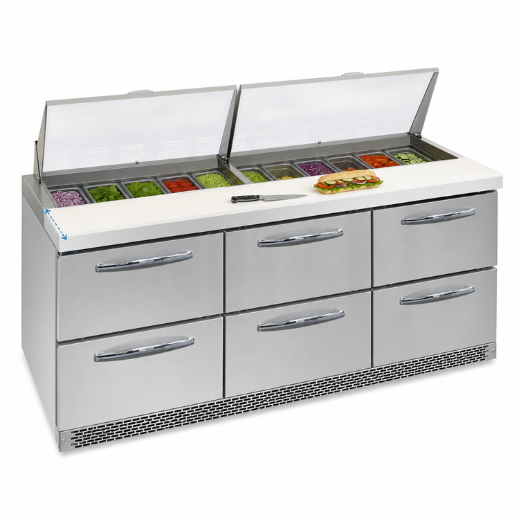Product image #4 for Mighty Top SW72N30M-FB-D 72" Three-Section Refrigerated Sandwich Prep Table with 6 Drawers