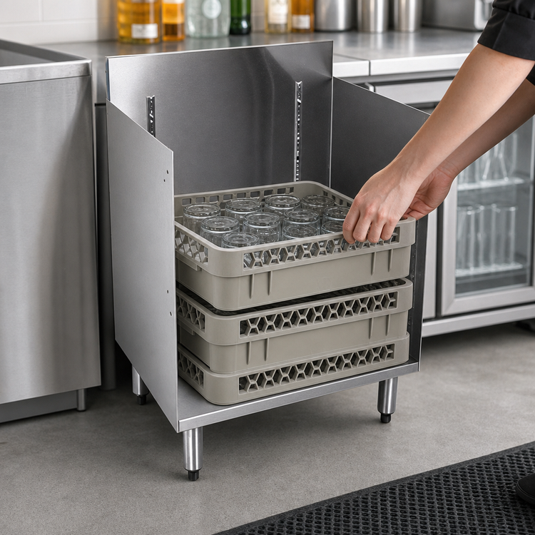 Product image #4 for CHOICE by Glastender Stainless Steel Open-Top Underbar Glass Rack Storage Unit, 18-Inch Wide