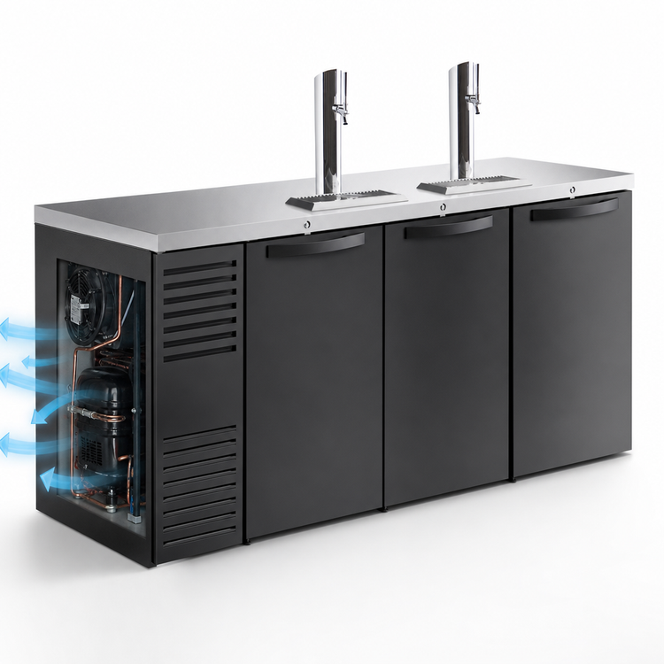 Product image #4 for Three-Section Refrigerated Draft Bar Cooler with 2 Beer Columns, 84-Inch, Stainless Steel Top, Black Exterior