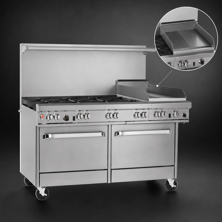 Product image #4 for Southbend Ultimate 60-Inch Gas Restaurant Range with 5 Burners, 24-Inch Raised Griddle/Broiler, 2 Cabinets and Backriser Shelf
