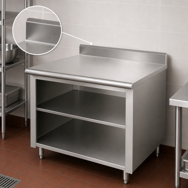 Product image #4 for Advance Tabco Open Front Cabinet Base Stainless Steel Work Table with 5-Inch Backsplash and Fixed Mid Shelf, 120 x 24 Inches