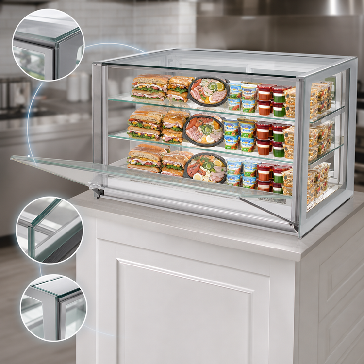 Product image #4 for Italian Glass 48-Inch Drop-In Self-Contained Refrigerated Counter Display Case with 3 Adjustable Glass Shelf Tiers