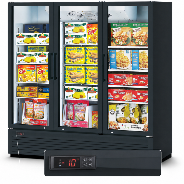 Product image #5 for Turbo Air Super Deluxe Three-Section Glass Door Freezer Merchandiser, 62.2 Cu. Ft., Bottom-Mounted Refrigeration, Hinged Triple-Pane Doors