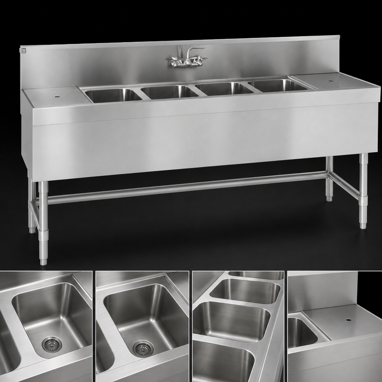 Product image #4 for Eagle Spec-Bar Four-Compartment Stainless Steel Underbar Sink Unit with Right Drainboard, 72W x 24D x 37H