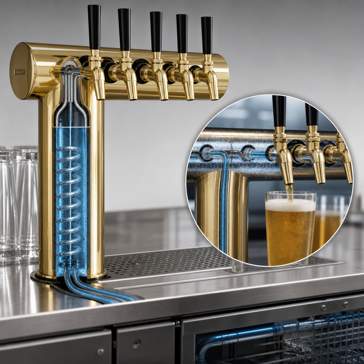 Product image #4 for Perlick Winged Tee Countertop Glycol-Cooled 4-Faucet Draft Tower, Tarnish-Free Brass