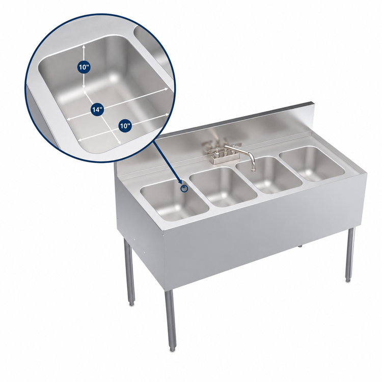 Product image #4 for Krowne Royal Series Four-Compartment Underbar Sink Unit with Deck-Mount Faucet, 10-Inch-Deep Bowls, 48W x 24D