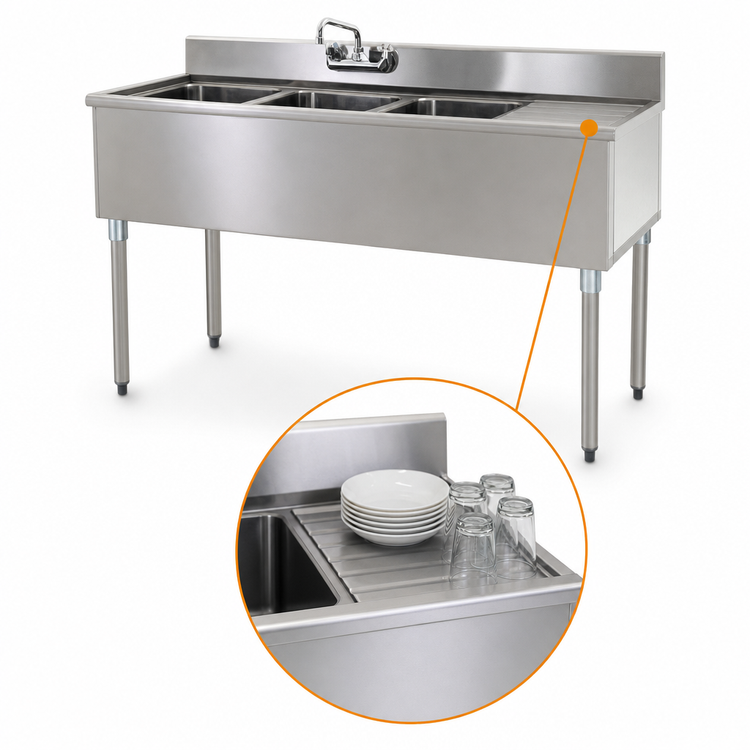 Product image #4 for Eagle Group 1800 Series Three-Compartment Underbar Sink Unit with Right Drainboard, 60 Inch x 20 Inch, 304 Stainless Steel
