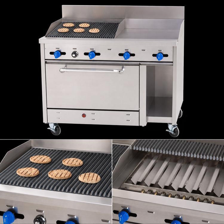 Product image #4 for Comstock-Castle 48-Inch Commercial Gas Range with 18-Inch Griddle, 30-Inch Char-Broiler, 31-Inch Oven, Cabinet Base, and High Backguard