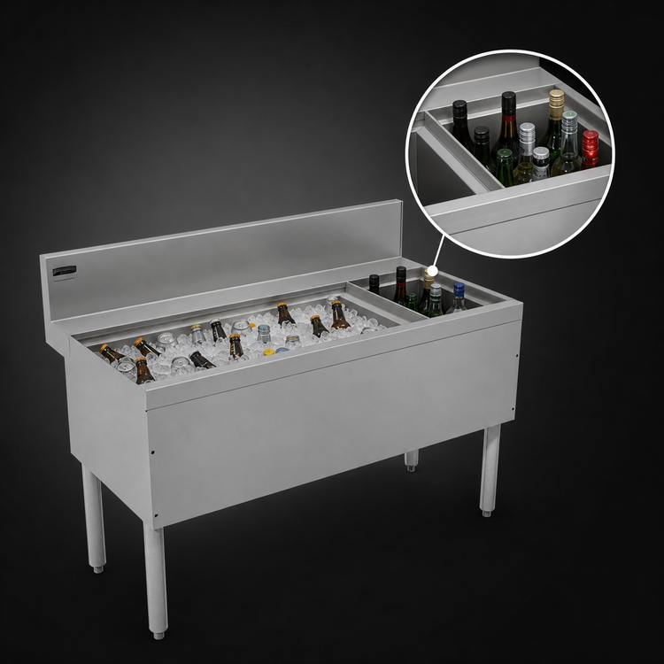 Product image #4 for Advance Tabco Prestige Supreme 48-Inch Underbar Ice Chest with 10-Circuit Cold Plate and Right-Side Bottle Storage Rack