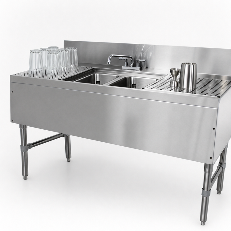 Product image #4 for Advance Tabco Prestige 48-Inch Two-Compartment Underbar Bar Sink with Dual Drainboards and Deck-Mount Faucet