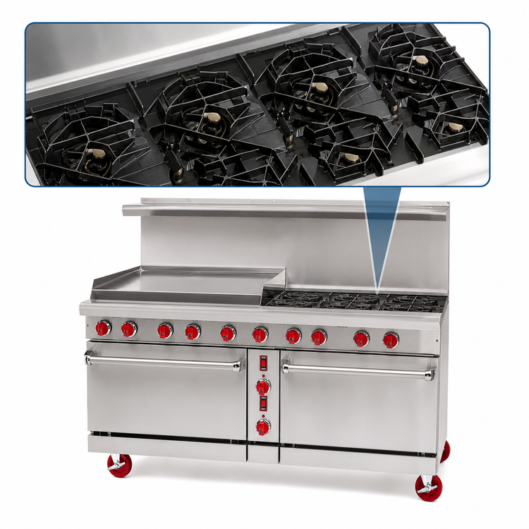Product image #4 for American Range 60-Inch Green Flame Gas Range with 24-Inch Manual Griddle, 6 Open Burners, Convection Oven Left, and Space Saver Oven Right