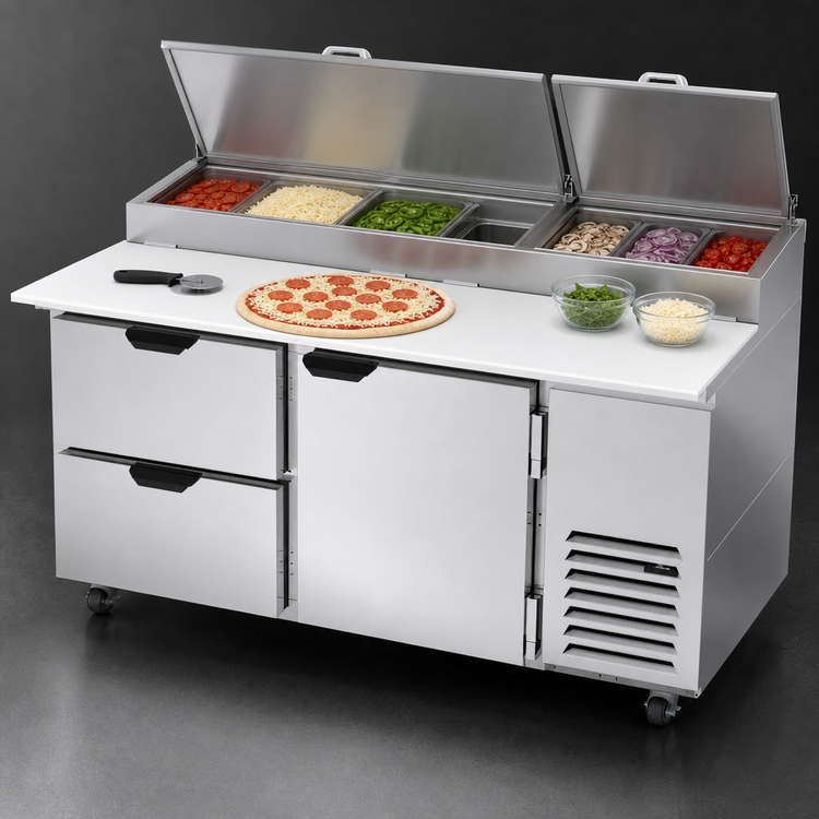 Product image #4 for Beverage-Air DPD67HC-2 Two-Section Pizza Top Refrigerated Counter with 2 Drawers and 1 Door, 67 Inch