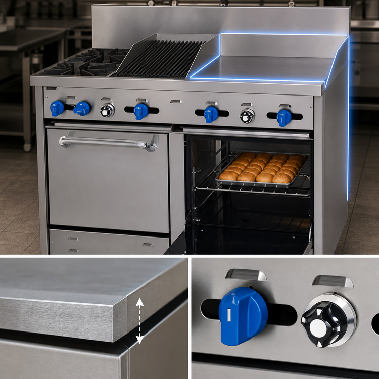 Product image #4 for Comstock-Castle 48-Inch Commercial Gas Range with 2 Open Burners, 24-Inch Griddle, 12-Inch Char-Broiler, and 2 Space-Saver Ovens