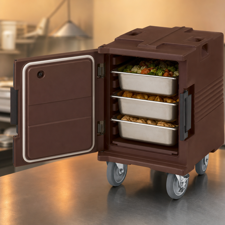 Product image #5 for Cambro Ultra Pan Carrier Heated Front-Loading Food Pan Carrier with Casters, 1-Compartment, 110V, Dark Brown