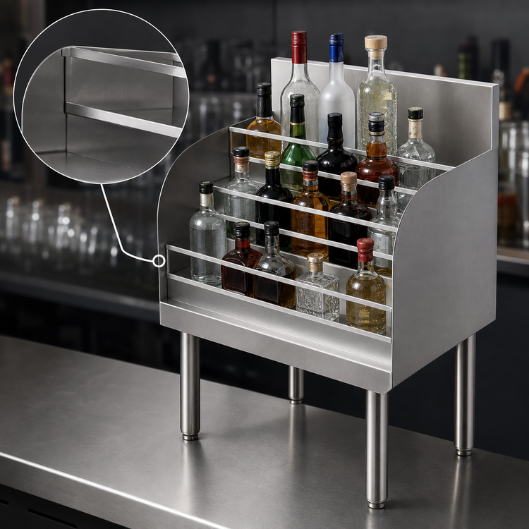 Product image #5 for BK Resources 18-Inch Wide 4-Step Stainless Steel Underbar Liquor Bottle Display Unit, 20-Bottle Capacity