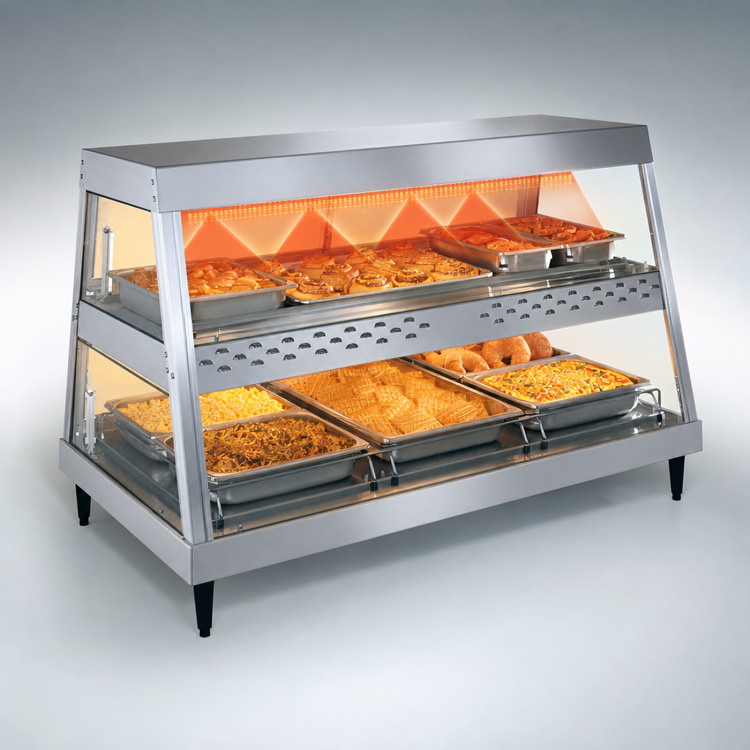 Product image #4 for Hatco Glo-Ray® Electric Countertop Heated Display Case, 3-Pan Dual Shelf, See-Thru, Rear Sliding Doors