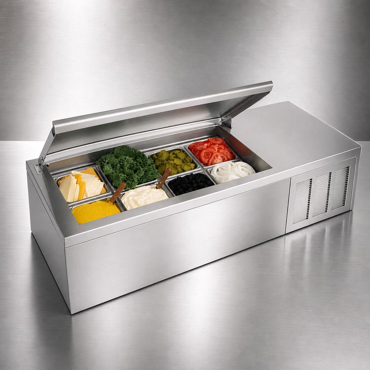 Product image #4 for Delfield CTP 8160-NBP 60-Inch Countertop Refrigerated Prep Rail, Raised Condiment Rail, 6 x 1/3 Pans
