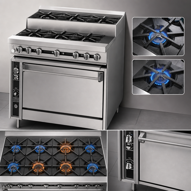 Product image #4 for Titan JTRHE-4-3 36 Inch Heavy Duty Gas Range with 7 Open Burners and Cabinet Base