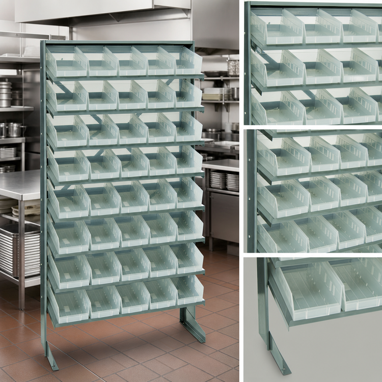 Product image #4 for Quantum Sloped Single-Sided Steel Pick Rack with 8 Shelves and 40 Clear Bins, 400 lb Capacity, 12D x 36W x 60H
