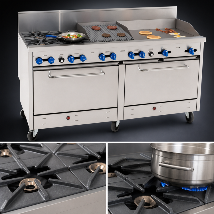 Product image #4 for Comstock-Castle 72-Inch Commercial Gas Range with 4 Star Burners, 30-Inch Griddle, 18-Inch Char-Broiler, and 2 Ovens