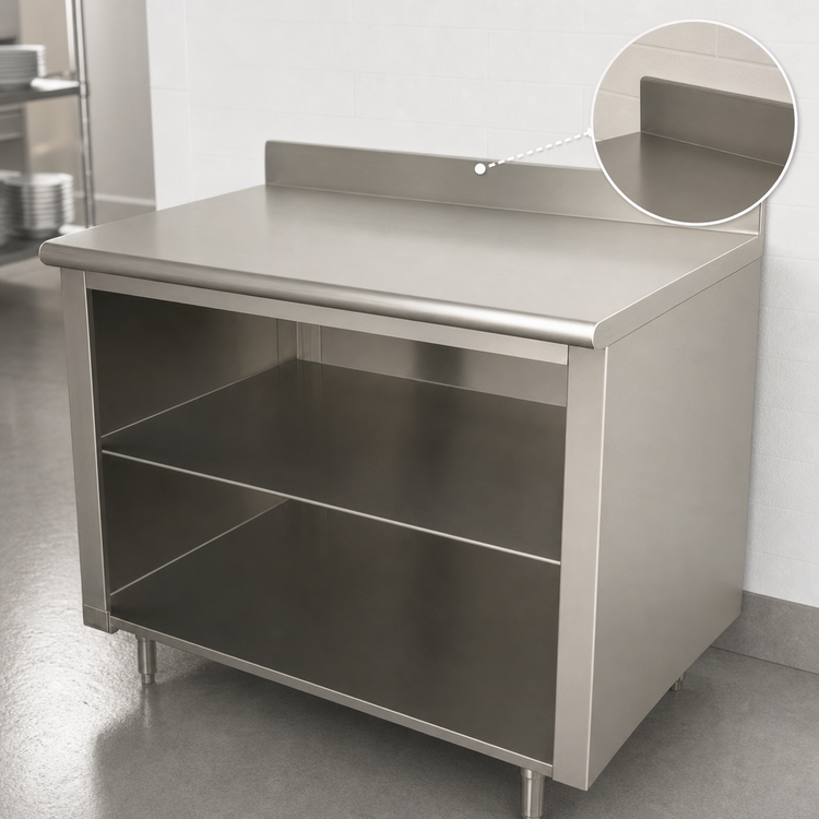 Product image #4 for Advance Tabco 120" x 30" Stainless Steel Work Table with Open Front Cabinet Base, Mid-Shelf, and 5" Backsplash