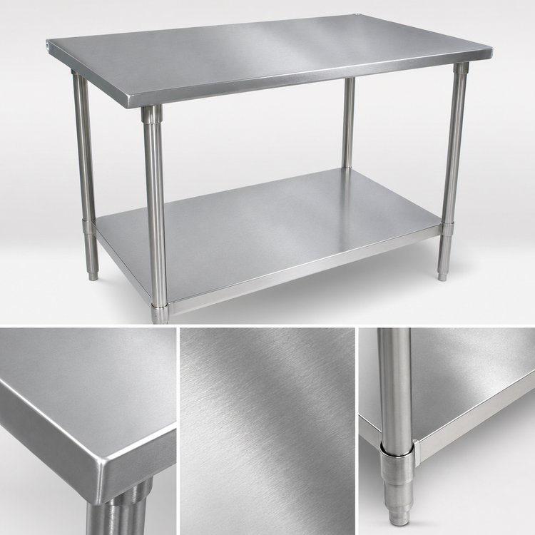 Product image #4 for John Boos Stallion 84 Inch x 36 Inch 14-Gauge Stainless Steel Flat Top Work Table with Stallion Safety Edge and Adjustable Undershelf