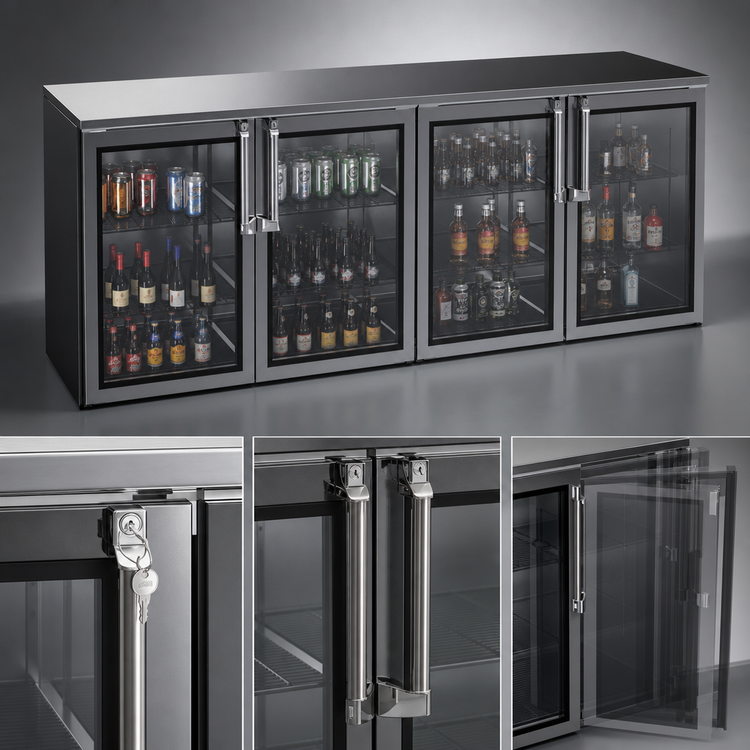 Product image #4 for Krowne Remote Back Bar Cooler Storage Cabinet, 96 Inch, 4-Section, 4 Swing Doors, Black Exterior