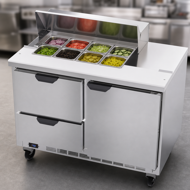 Product image #5 for Beverage-Air SPED48HC-08-2 48-Inch Two-Section Sandwich Top Refrigerated Counter, 13.0 Cu. Ft., 8 Pan Openings, 1 Door and 2 Drawers
