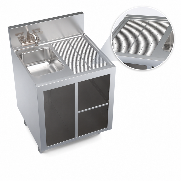 Product image #4 for Krowne Royal Series 24-Inch Stainless Steel Open Front Underbar Wet Waste Cabinet with Left Sink and Right Drainboard