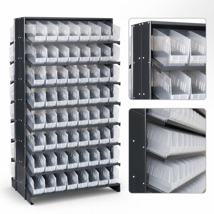 Product image #4 for Quantum Sloped Double-Sided Pick Rack with 16 Shelves and 128 Clear Bins