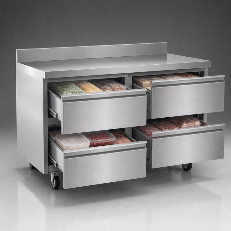 Product image #4 for Delfield 60-Inch Two-Section Undercounter Worktop Drawer Freezer with 4 Drawers and 4-Inch Backsplash