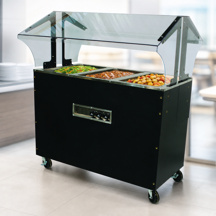 Product image #4 for Advance Tabco Triumph Supreme Portable Electric Hot Food Buffet Table with 3 Stainless Steel Wells and Double-Sided Sneeze Guard