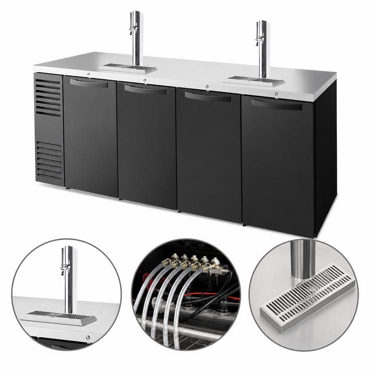 Product image #4 for True 92-Inch Four-Section Reach-In Single-Zone Refrigerated Draft Bar Cooler with Stainless Steel Top and 2 Draft Columns