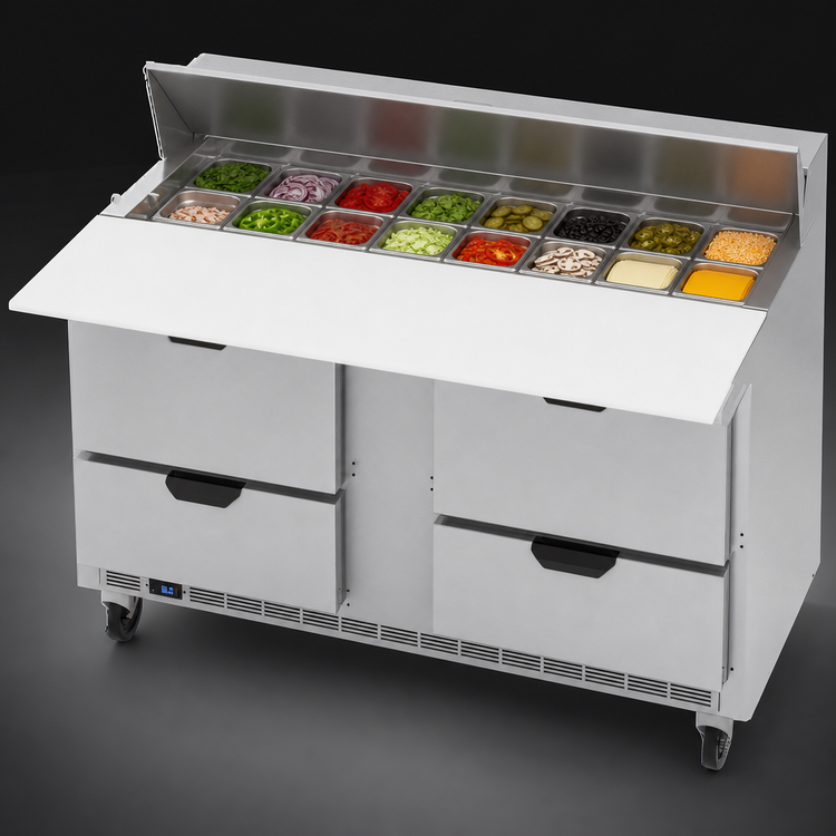 Product image #5 for Beverage-Air Two-Section Sandwich Prep Table Refrigerator with 4 Drawers, 16 Pan Capacity, and 17-Inch Cutting Board