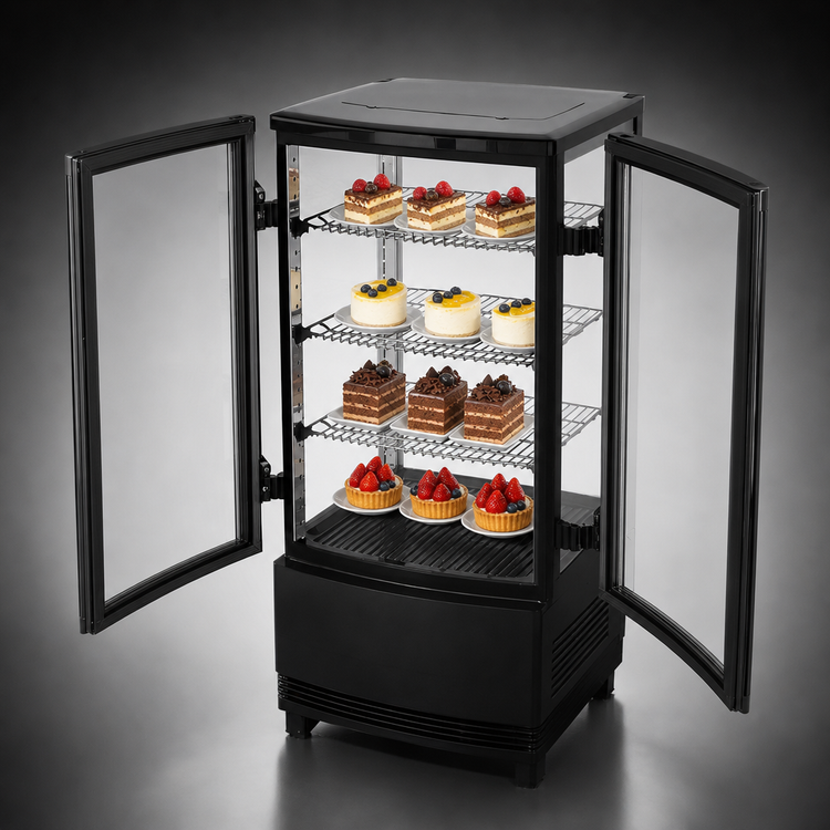 Product image #4 for Omcan 17-Inch Countertop Four-Sided Glass Refrigerated Display Case, 2-Door, 3.0 Cu. Ft.