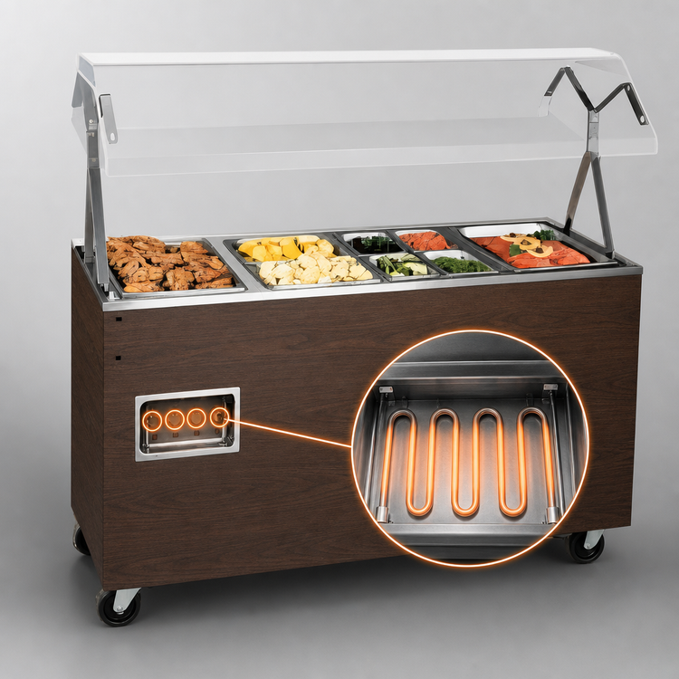 Product image #4 for Vollrath 2-Series Affordable Portable 4-Well Mobile Hot Food Station with Buffet Breath Guard and Enclosed Walnut Woodgrain Base